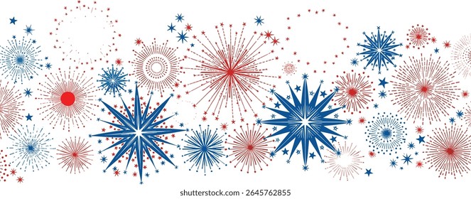 4th of July border, USA banner, fireworks pattern background