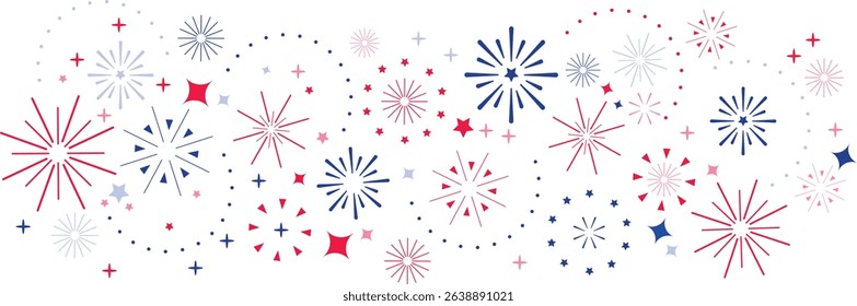 4th of July border, USA Independence Day. Border, divider of the fireworks in the colors of the American flag on transparent background.