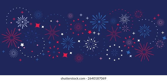 4th of July border, USA Independence Day. Border, divider of the fireworks in the colors of the American flag on the dark blue background.
