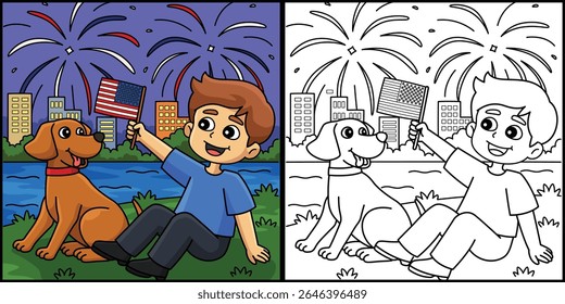 4th of July Boy Dog Watching Fireworks 