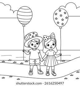 4th of July Boy and Girl with Balloon Coloring Page for Kids