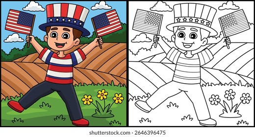 4th of July Boy Two American Flas Illustration 