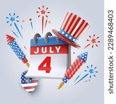 4th july calendar with holiday elements. Festive art object for usa independence day. American national celebration design. Bright vector 3d cartoon illustration in minimal realistic style.