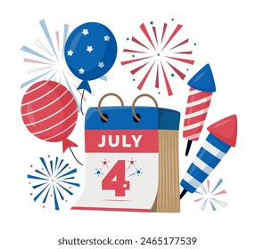 4th july calendar with holiday elements. USA Independence Day. American national celebration design with fireworks and balloons. Bright vector cartoon illustration in minimal realistic style