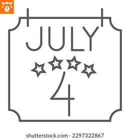 4th july calendar line icon, outline style icon for web site or mobile app, independence day and USA, date calendar vector icon, simple vector illustration, vector graphics with editable strokes.