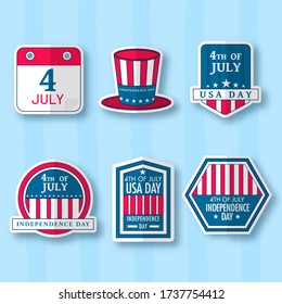 4th Of July Calendar, Uncle Sam Hat, Badge, Label or Sticker Collection on Blue Striped Background.