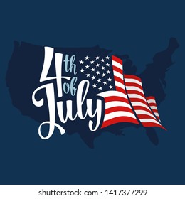 4th of July calligraphic handwriting lettering with american flag and map USA. For poster, greeting card and banner independence day. Isolated on dark blue background.