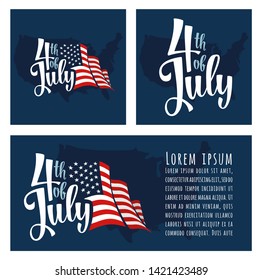 4th of July calligraphic handwriting lettering with american flag and map USA. For poster, greeting card and banner independence day. Isolated on dark blue background.