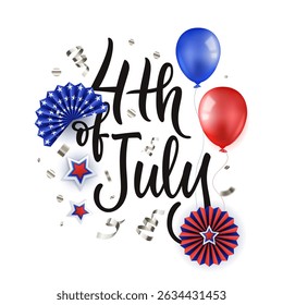 4th of July calligraphy lettering with colorful 3d paper stars and air balloons isolated on white background. Banner, poster, greeting card design template. USA Independence Day vector illustration