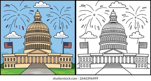 Ilustración para colorear del 4 de julio del Capitolio 