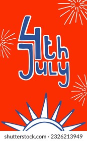 4th July Card. Hand drawn holiday red card with blue text. Greeting card for USA Independence Day. Vector illustration. EPS10