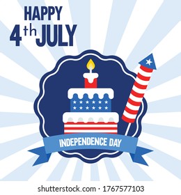 4th of july celebrate independence day with cake, candle, and firecrackers in ribbon badge with white strips background vectors illustration in flat style