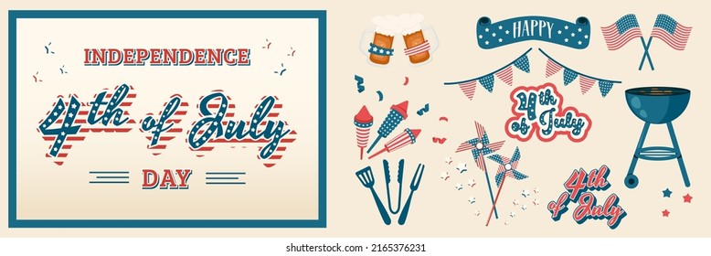 Am 4. Juli feiert der Amerikanische Unabhängigkeitstag. Set von nationalen Elementen, Text, Feuerwerk, bbq, Flagge, Funkeln, Picknick. Vektorgrafik für Banner, Poster, Flyer, Feiertage