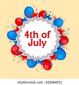 4th of July celebration background decorated with American Flag color balloons, stars and confetti.