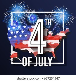 4TH of July Celebration Background Design with USA Map and Fireworks. American Independence Day Square Banner. Vector illustration