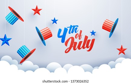 4th Of July celebration banner or poster design with uncle sam hats and colorful stars decorated on paper cut cloudy background.