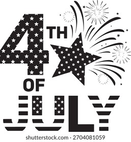 Diseño de celebración del 4 de julio con estrellas audaces, texto a rayas y Elementos decorativos de fuegos artificiales en un llamativo estilo en blanco y negro ideal para obras de arte patrióticas, carteles y gráficos navideños.