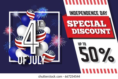 4TH of July Celebration Discount Promotion Background Design with Balloon and Fireworks. American Independence Day Sale Promotion Banner. Vector illustration