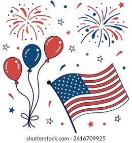 4th of July Celebration with Fireworks and American Flag – Vector Illustration