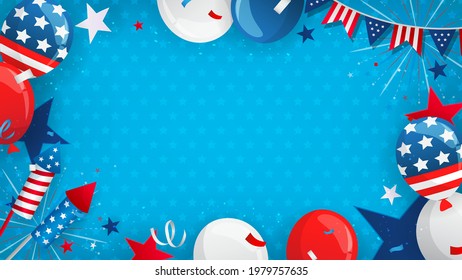 4 de julio de celebración marco ilustración vectorial de fondo. Globos con decoración de fiesta sobre fondo de estrellas