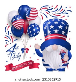 4th of July celebration gnomes wearing party hat, holding firework, balloons illustration