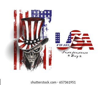 4th of July celebration hat with Scratch Devil Skull with lion face - Vampire, Hand Drawn Sketch Vector illustration. 