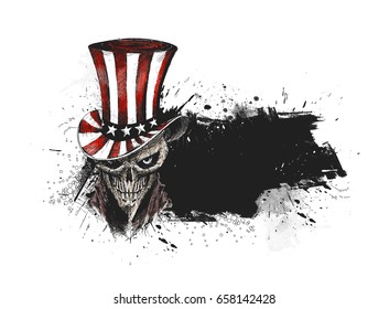 4th of July celebration hat with Scratch Devil Skull with lion face - Vampire, Hand Drawn Sketch Vector illustration. 