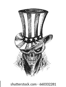 4th of July celebration hat with Scratch Devil Skull with lion face - Vampire, Hand Drawn Sketch Vector illustration. 