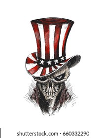 4th of July celebration hat with Scratch Devil Skull with lion face - Vampire, Hand Drawn Sketch Vector illustration. 