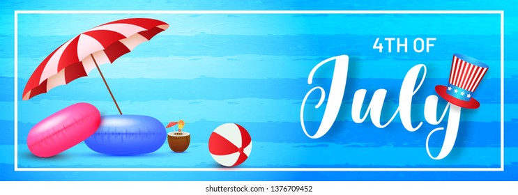 4th Of July celebration header or banner design with uncle sam hat and beach elements such as umbrella, swimming ring illustration on shiny blue background.