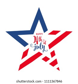 4th of July celebration holiday banner, star shape with lettering text in the center. USA Independence Day poster for greeting, sale concept design. Isolated on white. Vector illustration