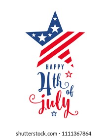 4th of July celebration holiday banner, star shape with typography lettering text. USA Independence Day poster for greeting, sale concept design. Isolated on white. Vector illustration