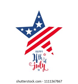 4th of July celebration holiday banner, star shape with typography lettering text. USA Independence Day poster for greeting, sale concept design. Isolated on white. Vector illustration