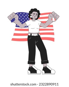 4th of july celebration monochrome vector spot illustration. African american woman holding american flag 2D flat bw cartoon character for web UI design. Isolated editable hand drawn hero image