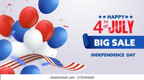 4th of July celebration poster. Independence day sale promotion banner template with red, blue, white balloons and waving USA flag. Vector EPS10 illustration.