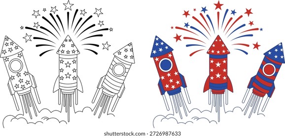 4th of July celebration rocket doodle collection hand-sketched fireworks and launch elements in black, white, and red blue tones for festive and cosmic concepts