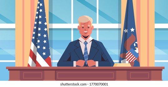 4th of july celebration united states president speaking to people american independence day concept oval office white house interior horizontal portrait vector illustration