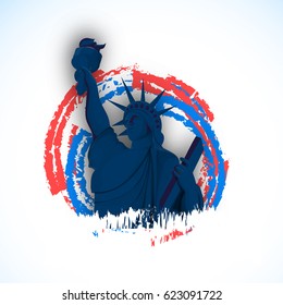 4th of July celebrations background with Statue of Liberty on abstract flag background.