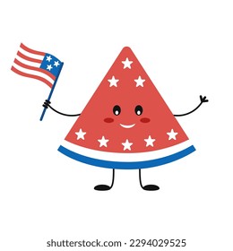 4th of July character with American national flag in hand. USA Independence Day theme. Watermelon slice with cute face. Vector illustration isolated on white background.