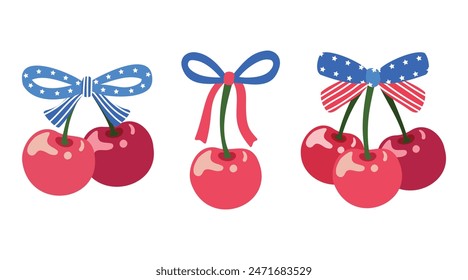 4th of July Cherry Vector Illustration with American Flag Bows and Coquette Elements