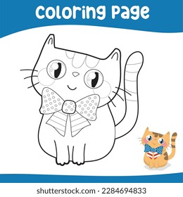 4th of July coloring page for kindergarten and preschool children. kawaii and cute orange kitten wearing bow tie of American flag design for fourth of July. Vector file.