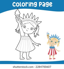 4 de julio página de colorear para niños de preescolar y preescolar. Colorando la página de una linda chica rubia con una corona de libertad y sosteniendo un helado. Archivo vector.