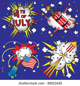 4th of July comic book inspired fireworks and explosions, individually grouped.