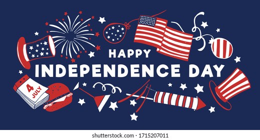 4th of July composition with title Happy Independence day and objects. Hand drawn vector sketch illustration