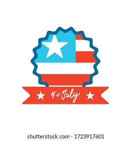 4th of july concept, Happy independence day design with seal with usa flag and decorative ribbon over white background, flat style, vector illustration