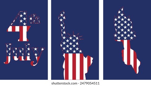 4th July concept, Independence Day set,  Phone wallpaper set, american flag, Story templates, wallpaper vector. Phone wallpaper, Vector illustration. Trendy background. Print	