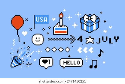 4th of July concept. Pixel art USA Independence Day. American flag, balloon, cake, pixel icon set. Y2k trendy playful pixelated stickers. 8 bit retro style vector illustration in white, red, blue