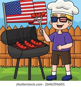 4th of July Cooking Hotdogs Colored Cartoon 