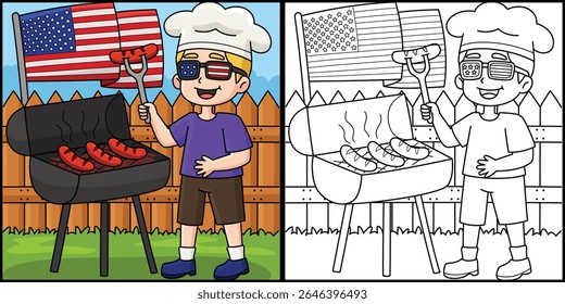 4th of July Cooking Hotdogs Coloring Illustration 