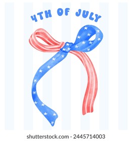 4th of July Coquette stars and stripes ribbon Bow Watercolor vector illustration.